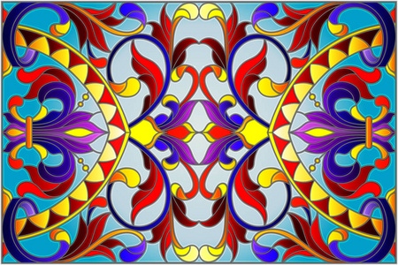 图中彩色玻璃风格与抽象的漩涡，花和叶在蓝色的背景，水平方向上