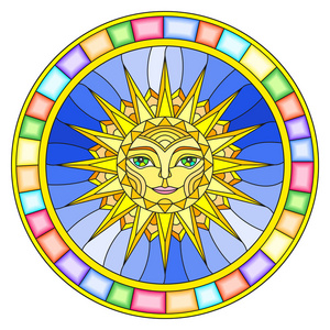 插画风格的彩绘玻璃窗与抽象太阳明亮的框架,圆图像中照片