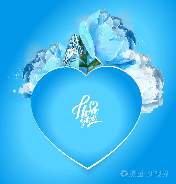精致的牡丹花带有一颗心的象征.爱的宣言.蓝色, 白色