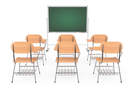 一排木制的演讲学校或大学桌桌椅, 旁边有一张白色背景的黑板。3d 渲染