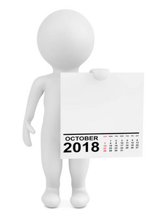 字符持有日历2018年10月在白色背景。3d 渲染