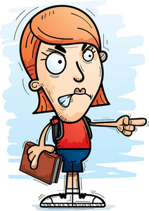 一个女学生看起来愤怒和指向的卡通插图