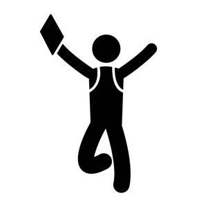 男孩跳跃与袋子和纸象征快乐学生图标