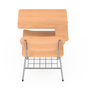 木制讲座学校或大学课桌桌, 椅子上有白色背景。3d 渲染