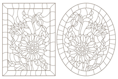 一组画有向日葵的彩色玻璃窗的轮廓图, 白色背景上的深色轮廓, 椭圆形和长方形图像