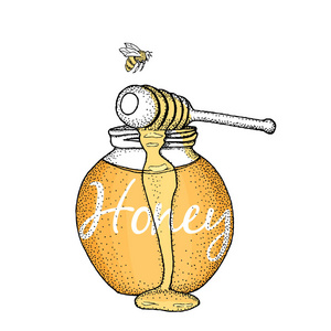 白色背景瓶中蜂蜜的手绘素描