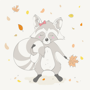 可爱可爱的浣熊女孩保持秋天橙色叶子。秋季卡通动物。简单矢量图示