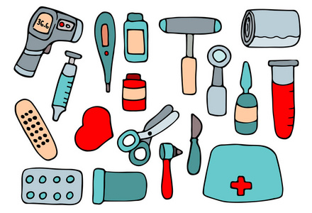 卡通医疗器械的矢量涂鸦集照片