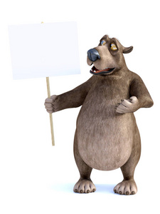 3d 渲染一个迷人的微笑卡通熊拿着一个空白的标志在他的手。他正在看那个牌子。白色背景