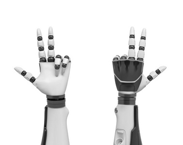 3d 两个机器人手臂的渲染, 除了戒指和小指外, 所有的手指都伸出来。