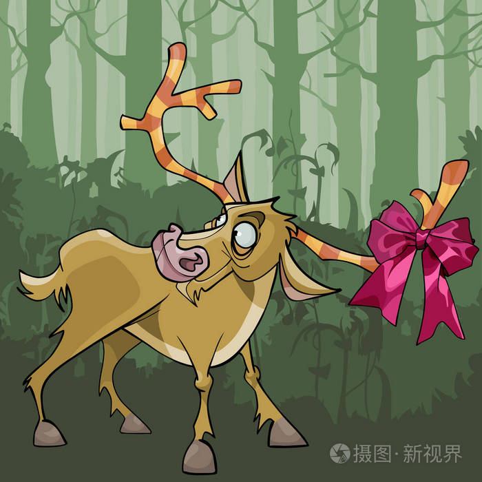 动画片鹿与红色弓在垫铁站立在森林里