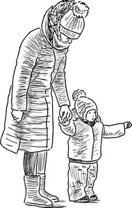 一个母亲的素描与她的孩子在散步