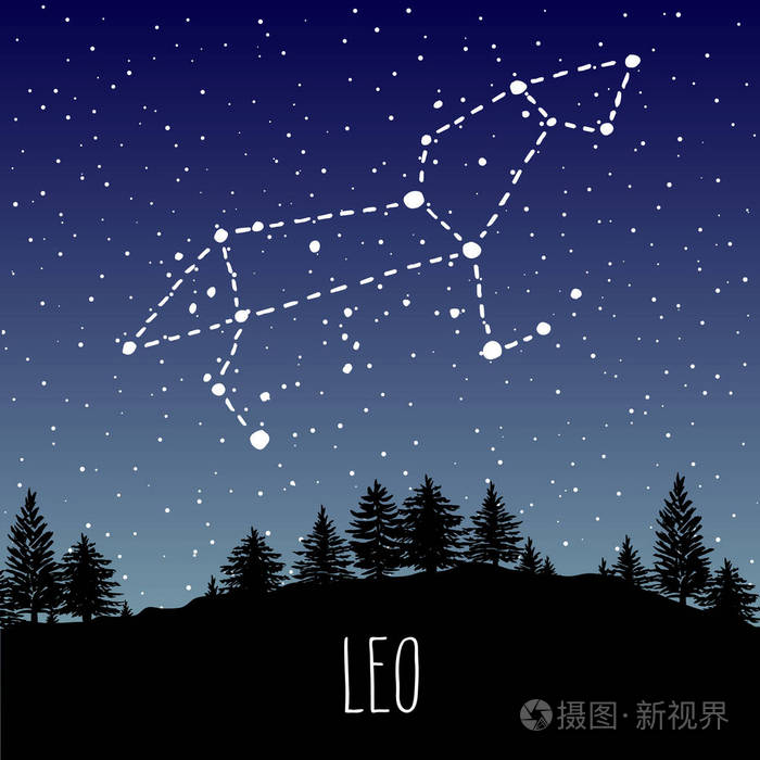 狮子座的手在针叶林的夜空中绘制星座星座.矢量图形占星术插图.