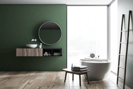 现代绿色墙壁浴室内有木地板, 阁楼窗口, 梯子, 白色水槽和浴缸。Spa, 酒店和豪华房地产。3d 渲染模拟