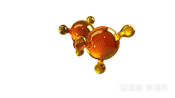 3d. 玻璃分子模型的渲染图解。油分子。结构模型的概念汽车油或气体隔绝在白色