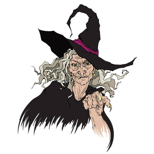 带灰色头发的丑女巫, 戴着黑帽子.万圣节设计照片