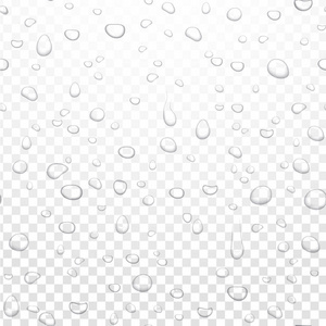 真实的矢量水雨滴在阿尔法透明的背景。浓缩的纯水滴。窗玻璃上的矢量清水气泡