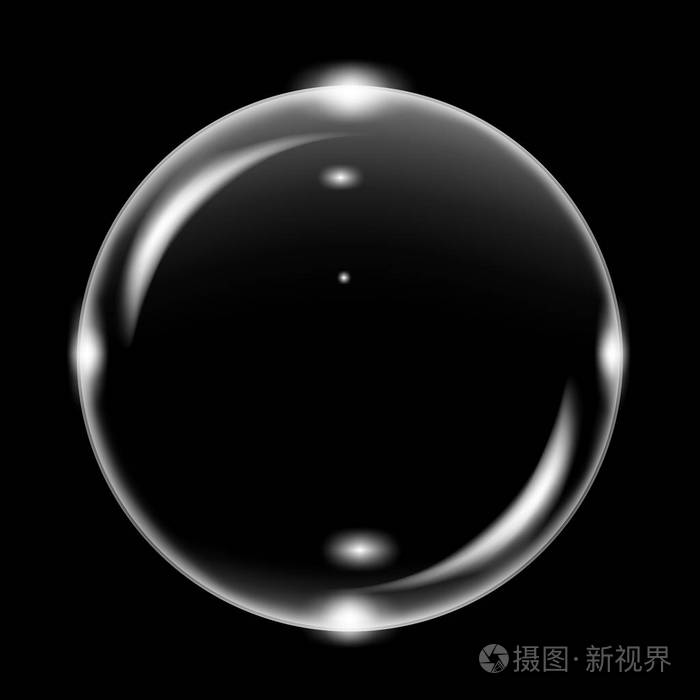 白色透明肥皂气泡, 在黑色背景下隔离
