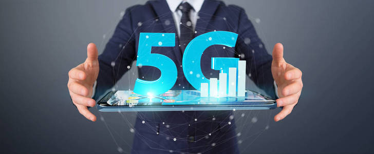 在模糊背景下使用手机3d 渲染的5g 网络的商人