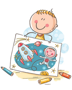 小男孩想象自己一个宇航员在太空中的火箭, 卡通照片