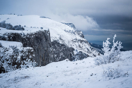 冬天雪风景, 山和森林。克里米亚