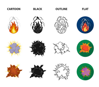 火焰, 火花, 氢碎片, 原子或气体爆炸, 雷暴, 太阳爆炸。爆炸集合图标在卡通, 黑色, 轮廓, 平面风格矢量符号股票插画网站