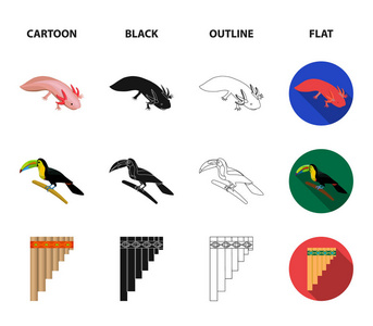 Sampono 墨西哥乐器, 一只长喙鸟, 奥里萨巴是墨西哥最高的山, 蝾螈是稀有动物。墨西哥国家集合图标在卡通, 黑色, 