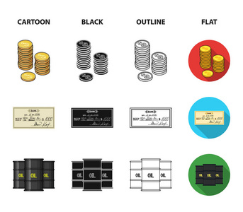 一叠硬币, 一张银行支票, 一台计算器, 一堆黑金子。货币和金融集合图标在卡通, 黑色, 轮廓, 平面风格矢量符号股票插画网站