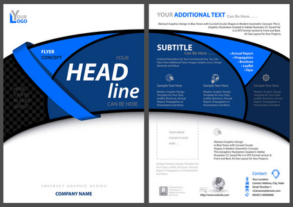 蓝色调带条纹蓝色弯曲条的传单模板. 图形项目的抽象几何插图, 矢量