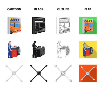 车轮平衡, 扳手和刹车盘卡通, 黑色, 轮廓, 平面图标集集合为设计。汽车维修站矢量符号股票插图