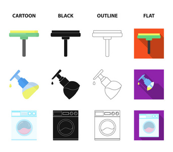 清洁和女佣卡通, 黑色, 轮廓, 平面图标集合中的设计。用于清洗矢量符号股票的设备 web 插图