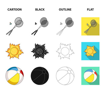 一个羽毛球, 一个球和一个太阳的游戏。暑假集合图标在卡通, 黑色, 轮廓, 平面风格矢量符号股票插画网站