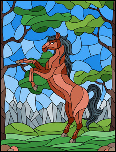 树木高山天空背景下的野马彩绘玻璃风格插图