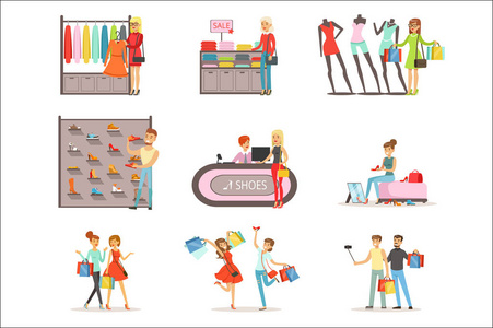 人在购物和买衣服和鞋子设置,服装店室内炫彩矢量插图孤立在白色背景