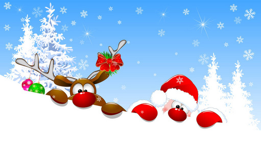 圣诞老人和鹿在冬天, 对雪覆盖的冷杉树的背景。圣诞老人和一头红鼻子的鹿