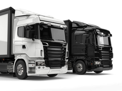 黑色和白色现代重型运输卡车拍摄的特写
