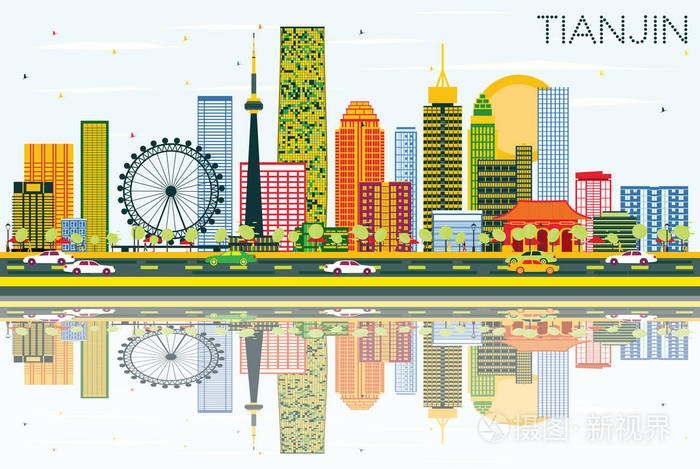 天津天际线颜色建筑物, 蓝蓝的天空与思考插画-正版商用图片0uuen8-摄
