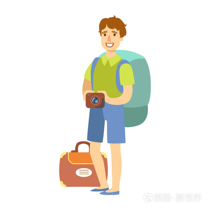 年轻游客人站在大旅游,背包里和手里拿着相机丰富多彩的卡通人物