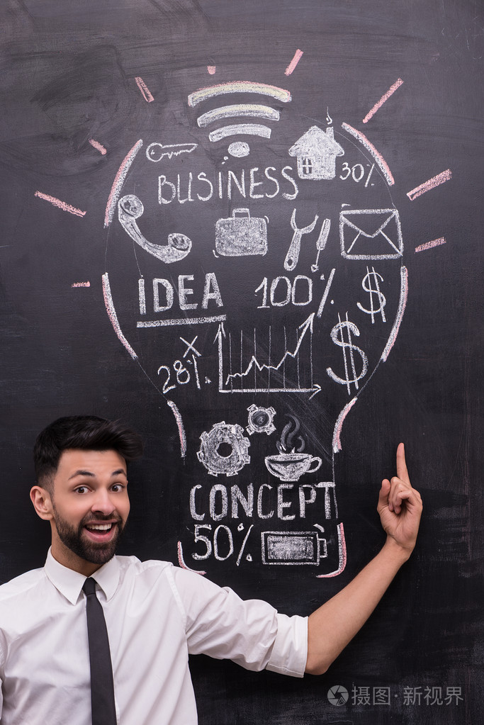 微笑着指着黑板上画灯泡的商人