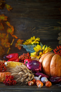 木桌饰以蔬菜 南瓜和秋天的落叶。秋天的背景。夏斯利维  冯  感恩节这一天