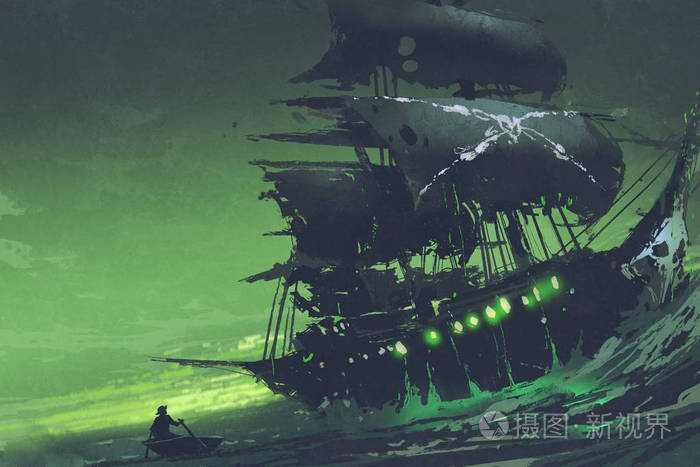 飞翔的荷兰人鬼与神秘的绿色光海海盗船照片 正版商用图片0uuzis 摄图新视界