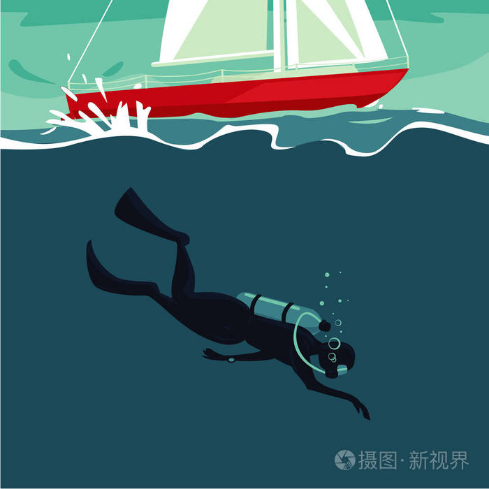 潜水员水下从船上跳下来