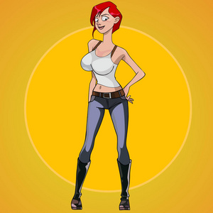 卡通红色头发的女人,用两手叉腰站立着的大乳房照片