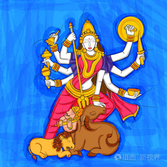 抽象印度女神杜尔迦雕塑雕像的绘画