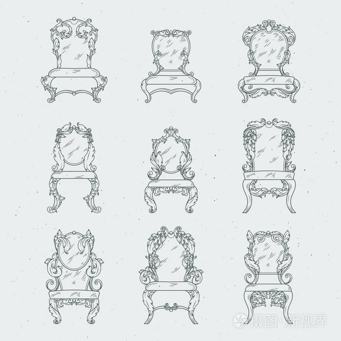 意大利古董椅子和扶手椅.在白色孤立的矢量家具
