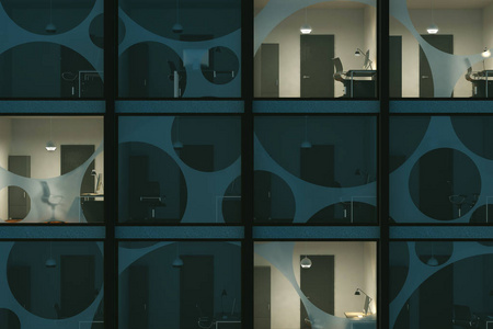 抽象的玻璃建筑与可见办公室室内背景。财务概念。3d 渲染