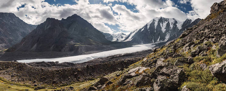 在阿尔泰山冰川 Maashei 长舌的全景视图
