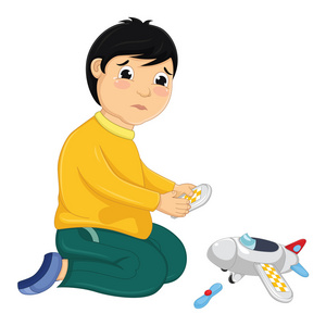 行动的遗憾男孩与他破旧的玩具矢量图照片