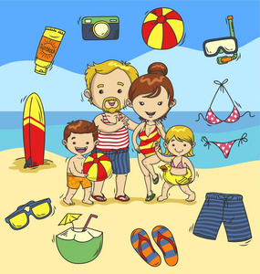 在夏天图标设置与家庭为主题的海滩