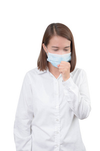 亚洲女人咳嗽与防护面具